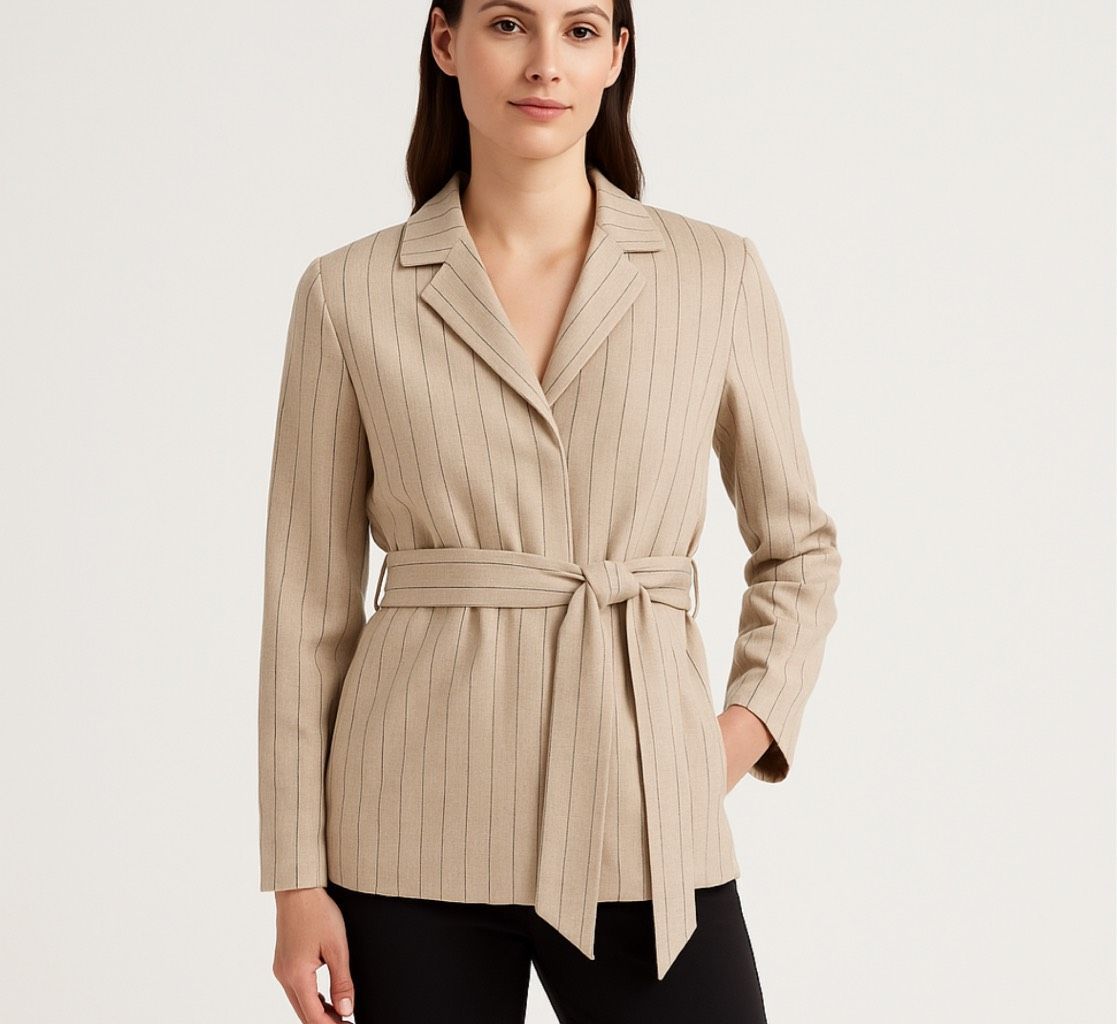 Lattelier Linen Blend Pinstripe Belted Blazer Beige Tailored Jacket Nwt Large — image 8 of 8